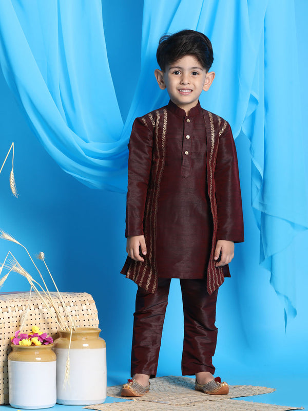 Jashvi Boys' Wine Jacket Style Kurta And Pyjama Set