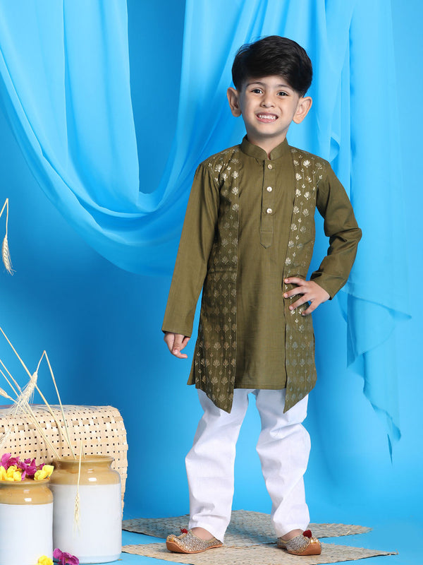 Jashvi Boys' Mint Green Jacket Style Kurta And White Pyjama Set