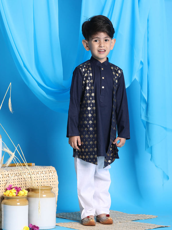 Jashvi Boys' Navy Blue Jacket Style Kurta And White Pyjama Set