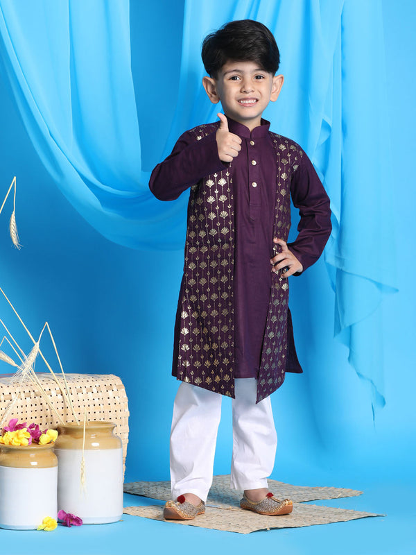 Jashvi Boys' Purple Jacket Style Kurta And White Pyjama Set