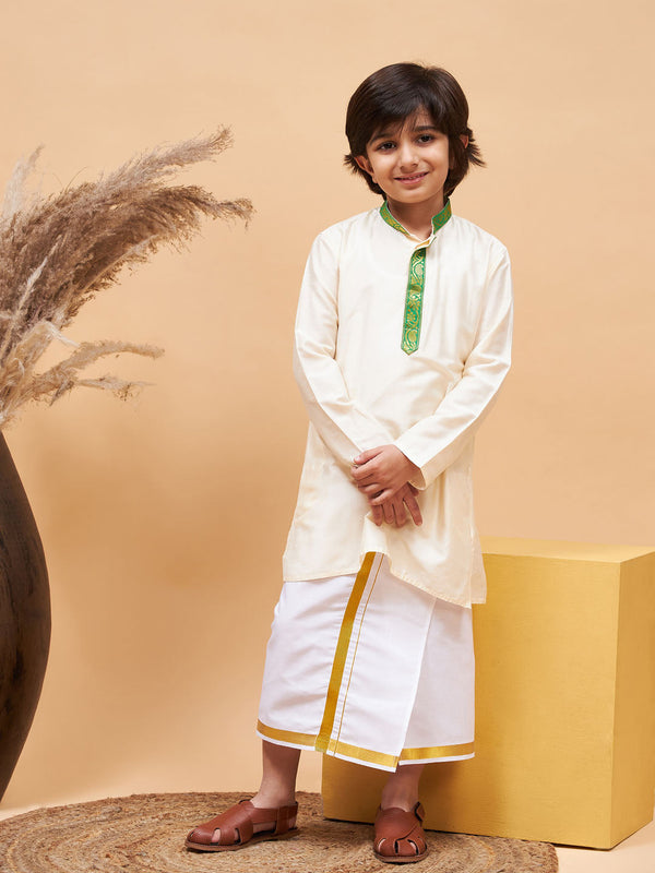 Jashvi Boys' Green And White Kurta With Mundu Set