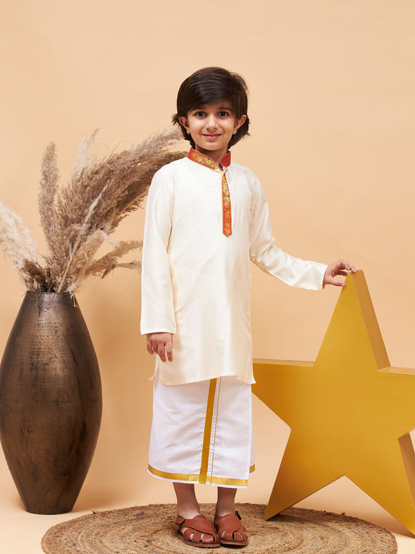 Jashvi Boys' Maroon And White Kurta With Mundu Set