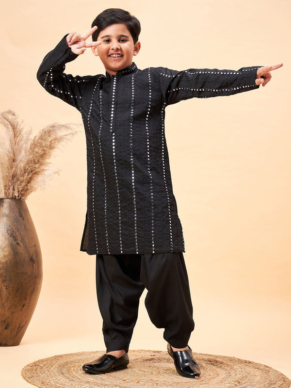 Jashvi Boys Black Embroidered Vertical Mirror Work Kurta With Patiala Set