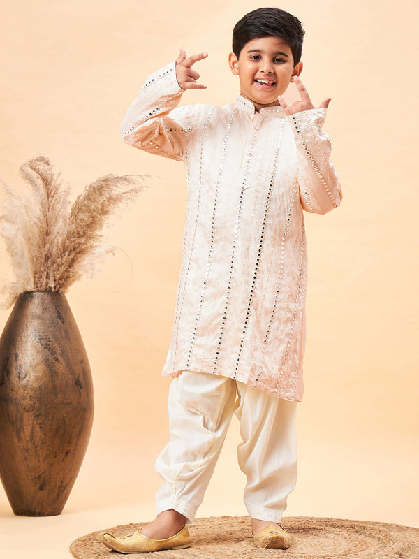 Jashvi Boys Cream Embroidered Vertical Mirror Work Kurta With Patiala Set