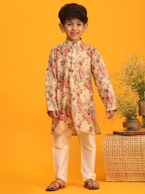 Jashvi Boy's Beige Floral Printed Kurta Pyjama Set