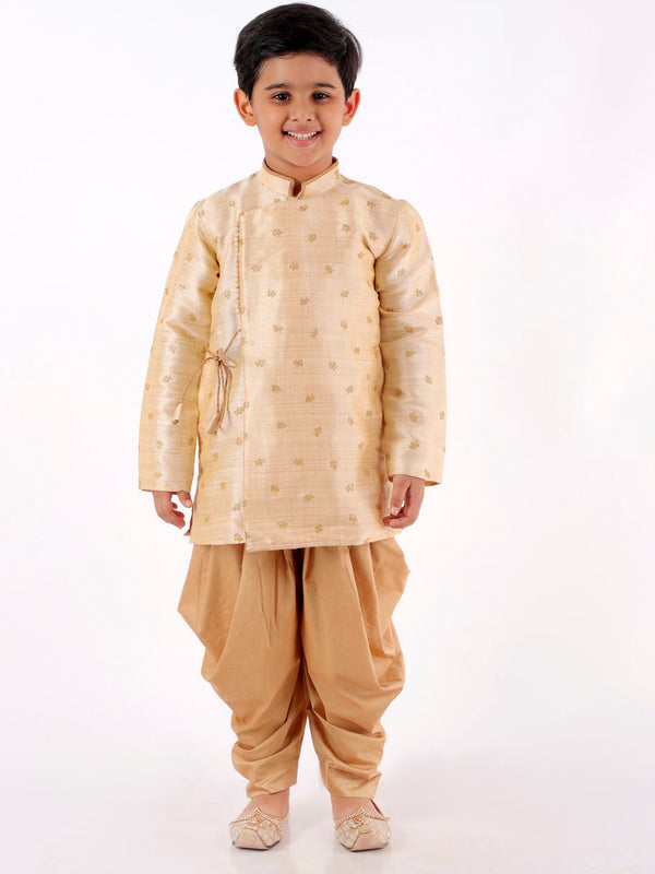 Jashvi Boys' Cream Angrakha Woven Kurta With Rosegold Dhoti Pant Set