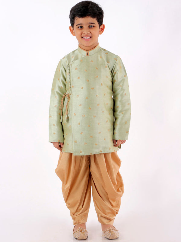 Jashvi Boys' Green Angrakha Woven Kurta With Rosegold Dhoti Pant Set