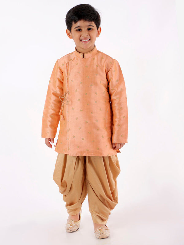 Jashvi Boys' Peach Angrakha Woven Kurta With Rosegold Dhoti Pant Set