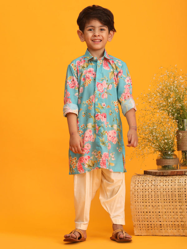 Jashvi Boy's Aqua Blue Floral Printed Kurta with Cream Solid Patiala Set