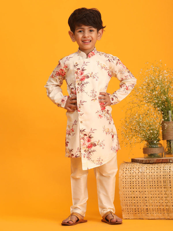 Jashvi Boy's Yellow Floral Printed Angrakha Kurta with Cream Solid Pyjama Set