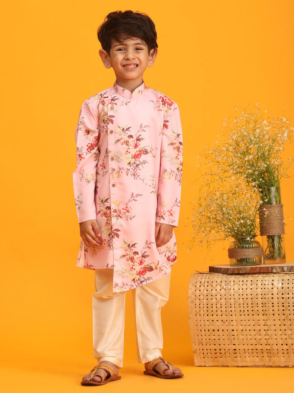 Jashvi Boy's Pink Floral Printed Angrakha Kurta with Cream Solid Pyjama Set