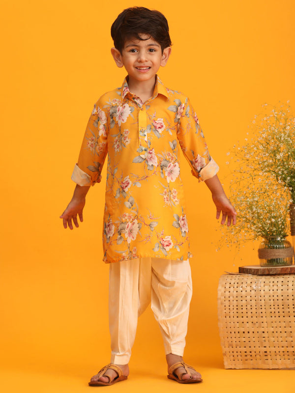 Jashvi Boy's Yellow Floral Printed Kurta with Cream Solid Pyjama Set