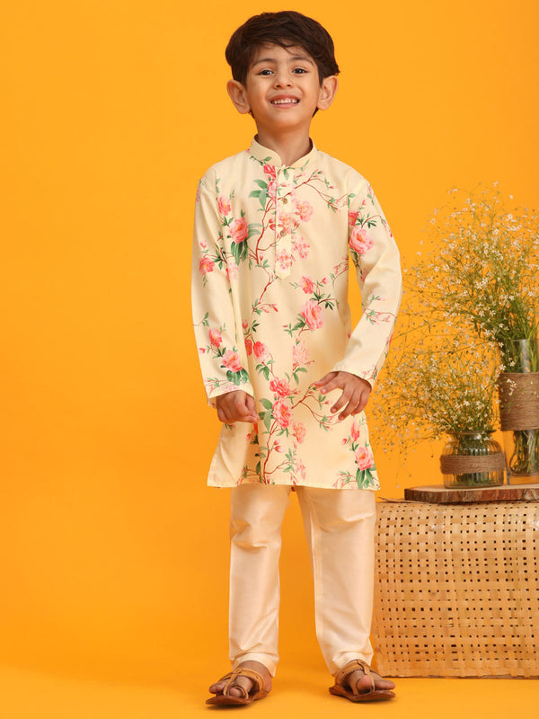 Jashvi Boy's Yellow Floral Printed Kurta with Cream Solid Pyjama Set