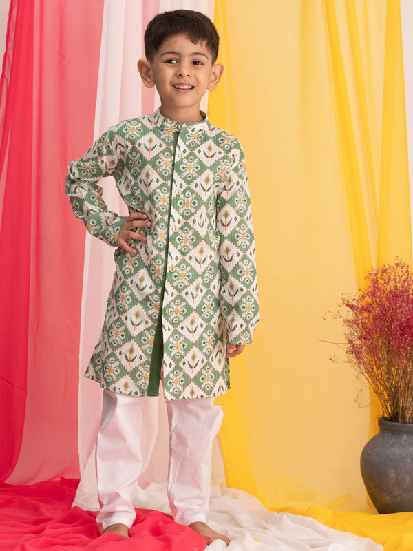 Jashvi Boy's Green Ikkat Print Front Open Kurta with Pyjama Set