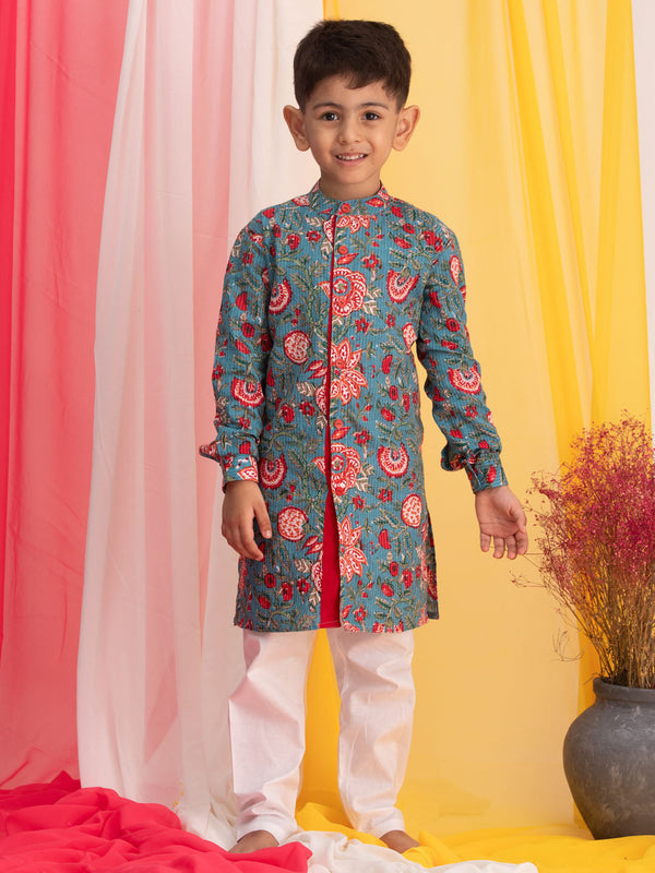 Jashvi Boy's Blue Floral Print Front Open Kurta with Pyjama Set