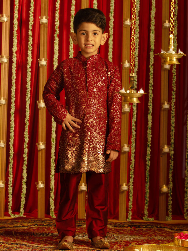 Jashvi Boys' Maroon Sequin With Zari Worked Georgette Kurta Pyjama Set