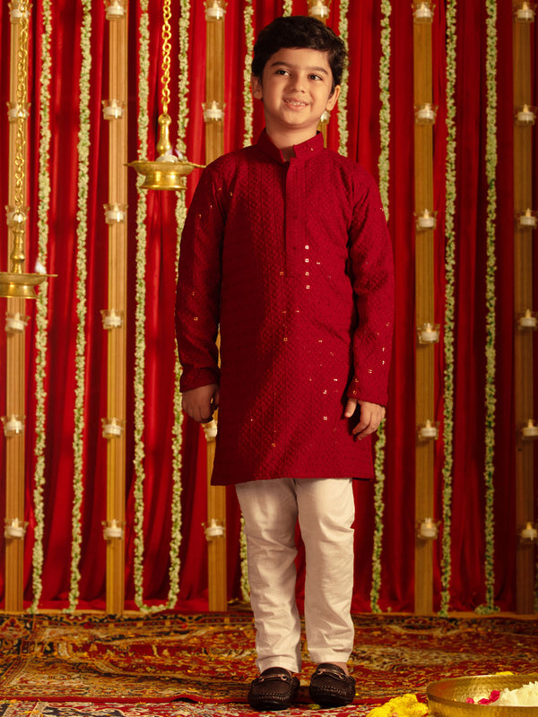 Jashvi Boys' Maroon And White Schiffli  Kurta Pyjama Set