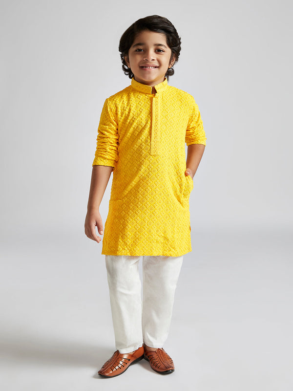 Jashvi Boys' Yellow And White Schiffli Kurta Pyjama Set