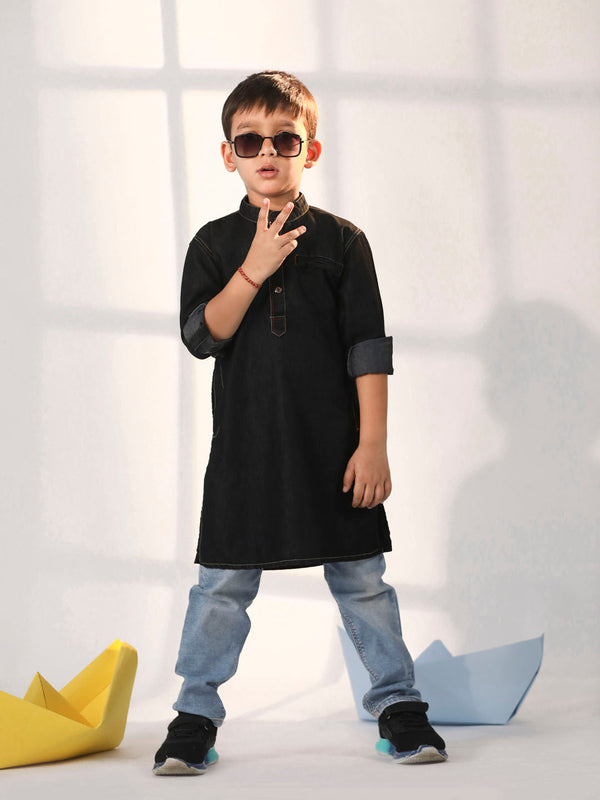 Jashvi Boys' Black Denim Kurta