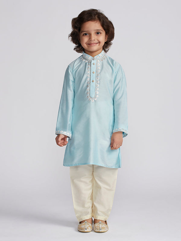 Jashvi Boys' Aqua And Cream Kurta And Pyjama Set