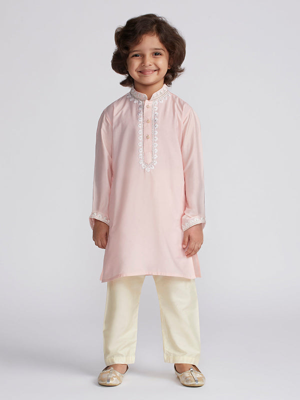 Jashvi Boys' Pink And Cream Kurta And Pyjama Set