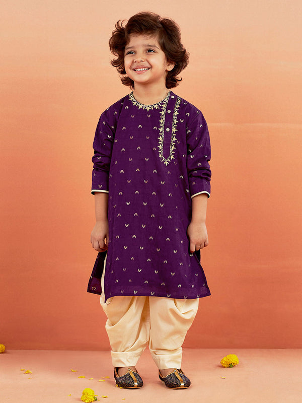 Jashvi Boys' Purple And Gold Kurta and Dhoti Set