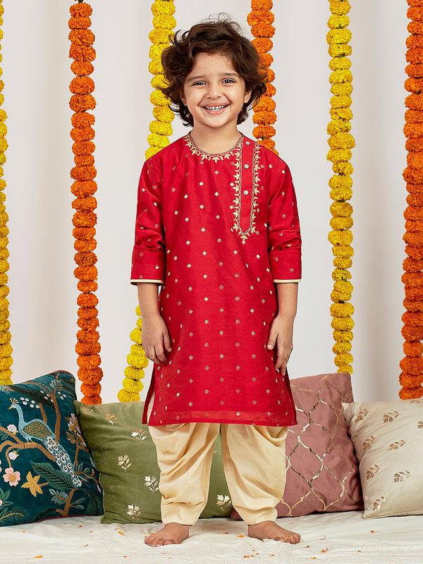 Jashvi Boys' Red And Gold Kurta and Dhoti Set