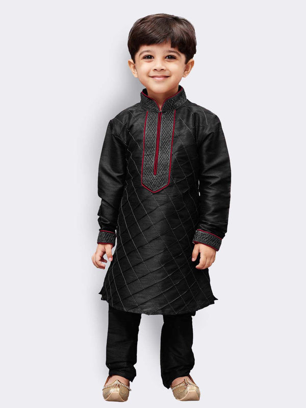 Jashvi Boys' Black Cotton Silk Kurta and Pyjama Set