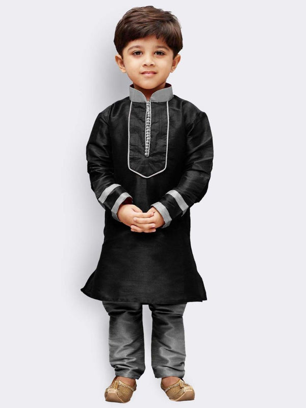 Boys' Black Cotton Silk Kurta and Pyjama Set