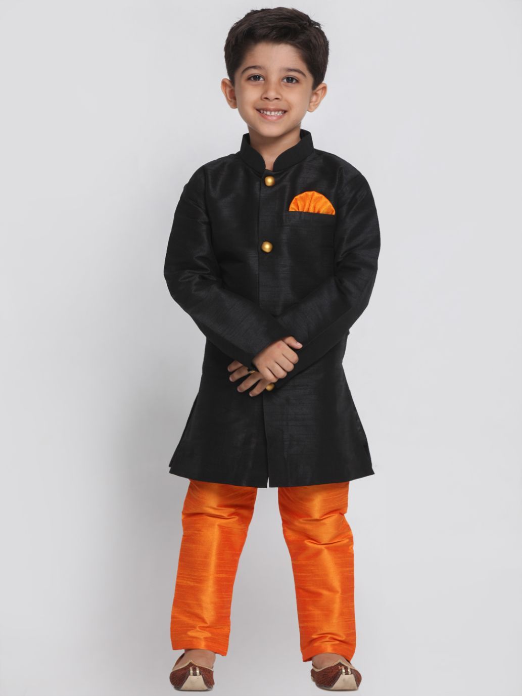 Boys' Black Silk Blend Sherwani