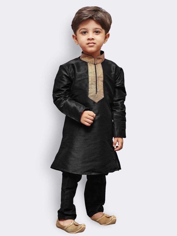 Jashvi Boys' Black Cotton Silk Kurta and Pyjama Set