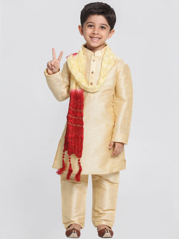 Jashvi Boys' Gold Silk Blend Kurta, Pyjama & Dupatta Set