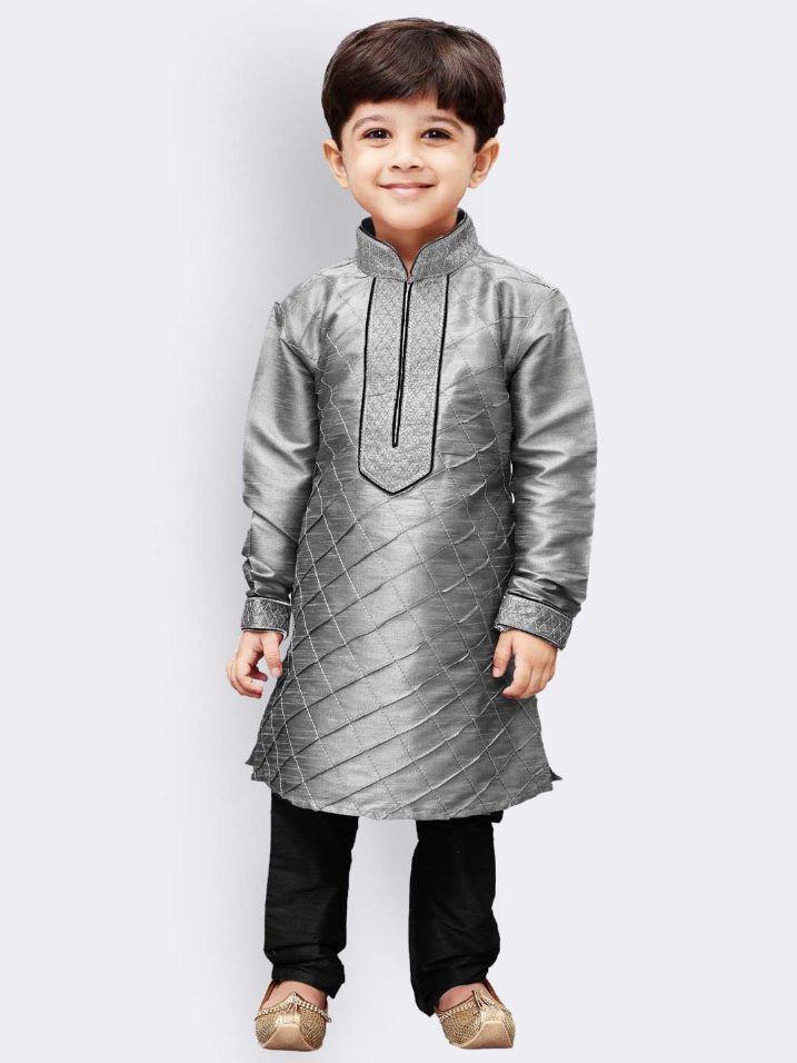 Boys' Grey Cotton Silk Kurta and Pyjama Set