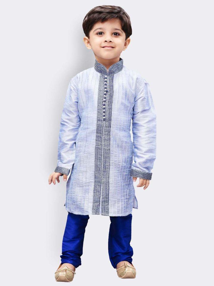 Boys' Light Blue Cotton Silk Kurta and Pyjama Set