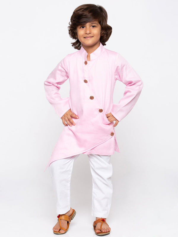 Jashvi Boys' Pink Cotton Silk Kurta and Pyjama Set