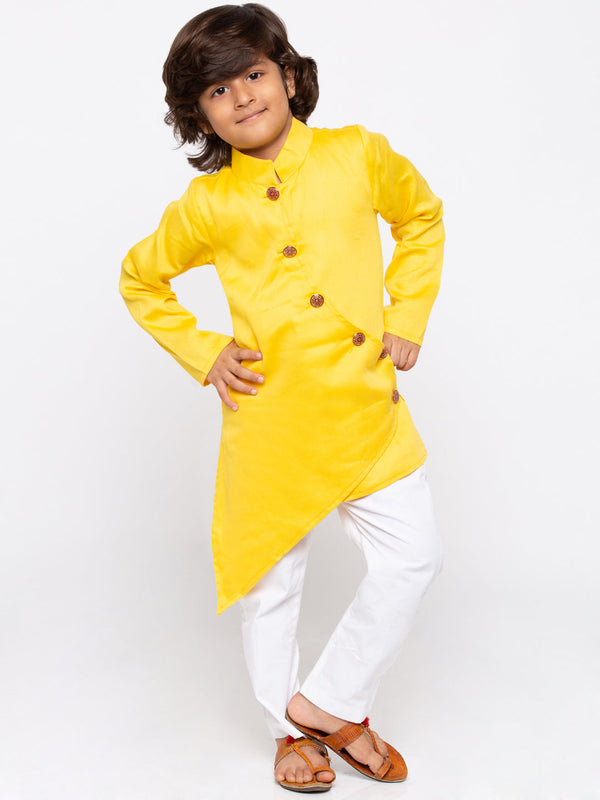 Jashvi Boys' Yellow Cotton Silk Kurta and Pyjama Set