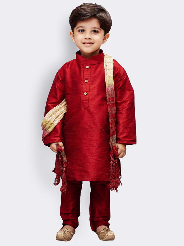 Jashvi Boys' Maroon Cotton Silk Kurta, Pyjama & Dupatta Set