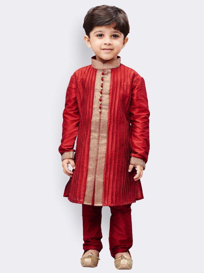 Boys' Maroon Cotton Silk Kurta and Pyjama Set