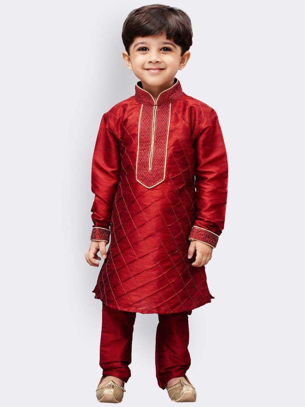 Boys' Maroon Cotton Silk Kurta and Pyjama Set