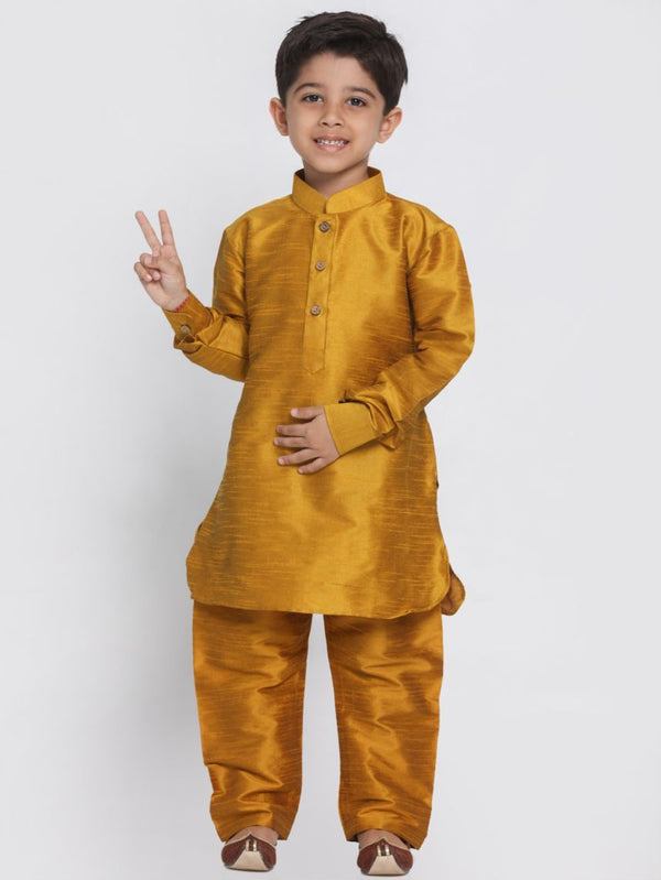 Jashvi Boys' Yellow Cotton Silk Blend Kurta and Pyjama Set