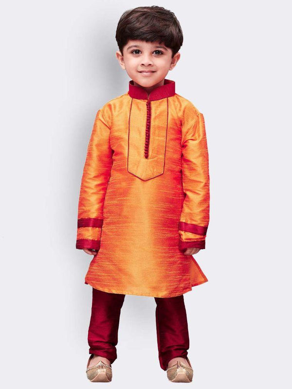 Boys' Orange Cotton Silk Kurta and Pyjama Set