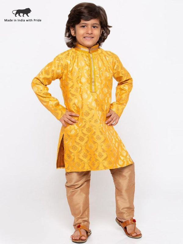 Jashvi Boys' Yellow Cotton Silk Kurta and Pyjama Set