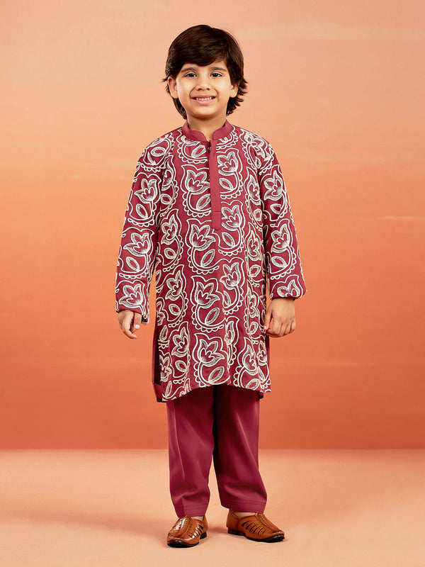 Jashvi Boys' Maroon Kurta And Pyjama Set