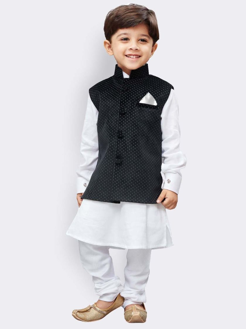 Boys' White Cotton Kurta, Waistcoat and Pyjama Set