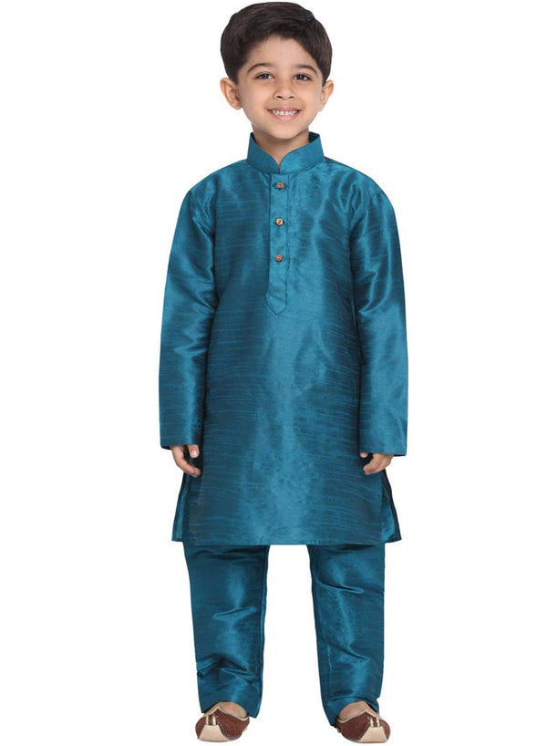 Jashvi Boys' Blue Cotton Silk Blend Kurta and Pyjama Set