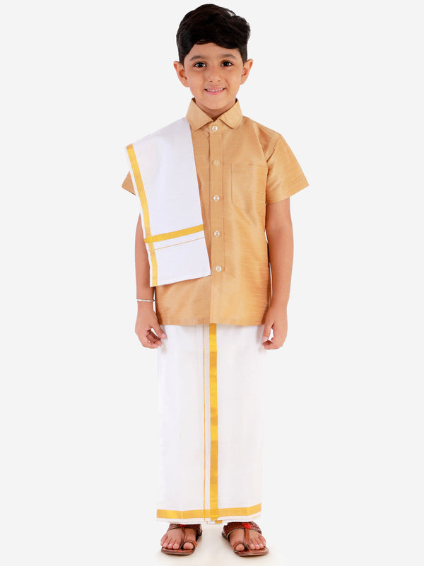 Jashvi Boys' Rose gold Silk Short Sleeves Ethnic Shirt Mundu Vesty Style Dhoti Pant Set