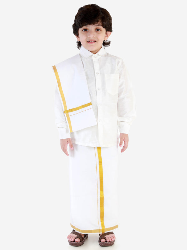 Jashvi Boys' White Silk Long Sleeves Ethnic Shirt Mundu Vesty Style Dhoti Pant Set