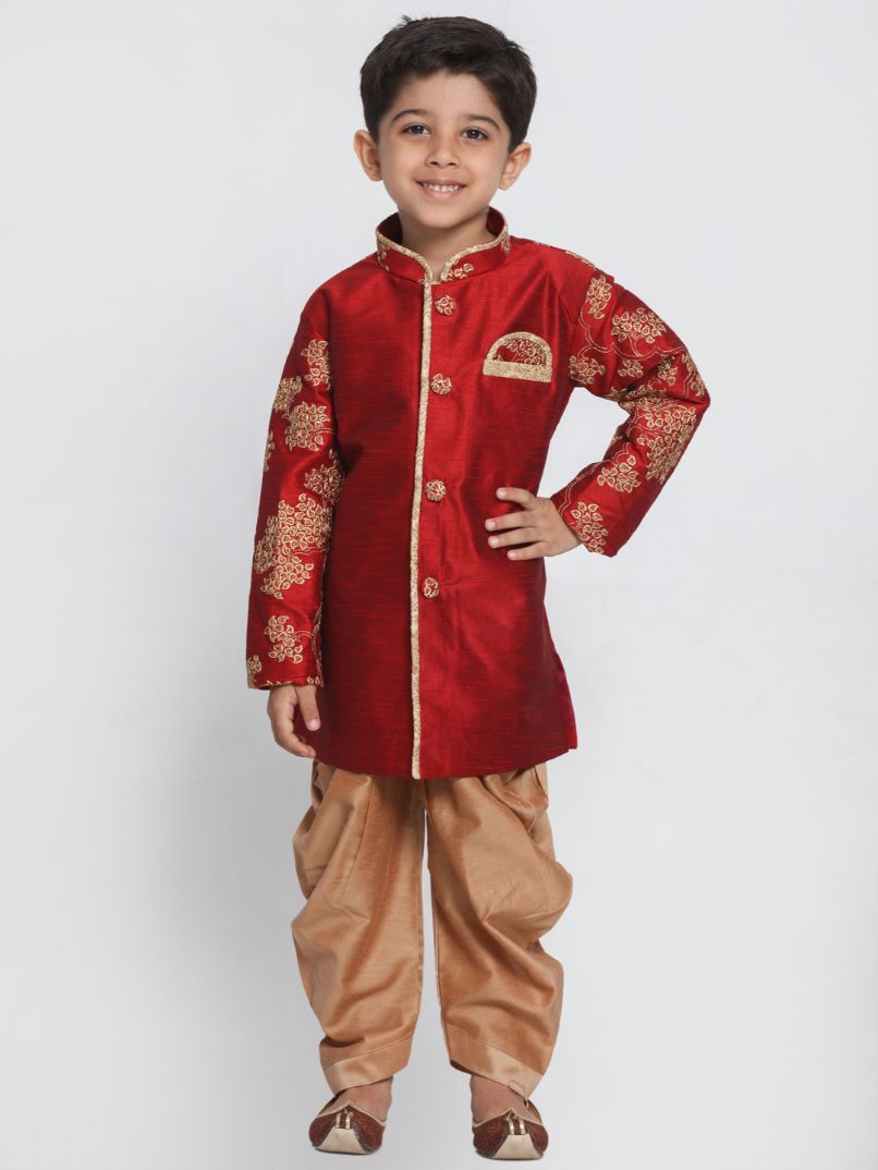 Boys' Maroon Cotton Silk Blend Kurta and Dhoti Pant Set