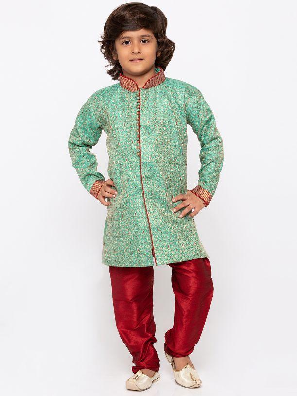 Boys' Green Cotton Silk Sherwani and Churidar Set