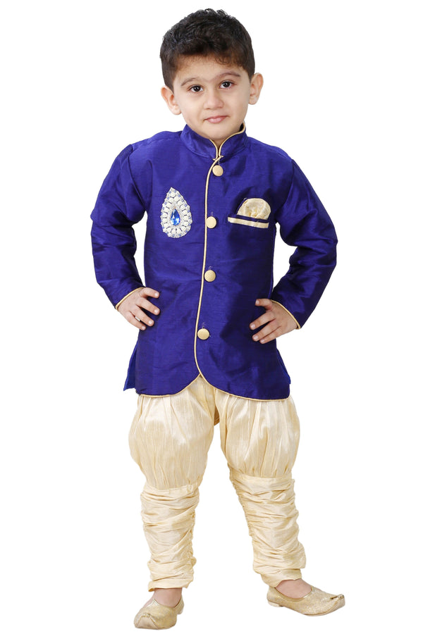 Boys' Blue Cotton Silk Kurta and Pyjama Set